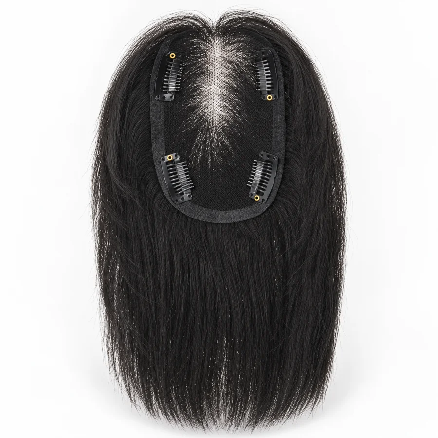 Straight Human Hair Swiss Mesh Clip-In Topper (image for) Straight Human Hair Swiss Mesh Clip-In Topper